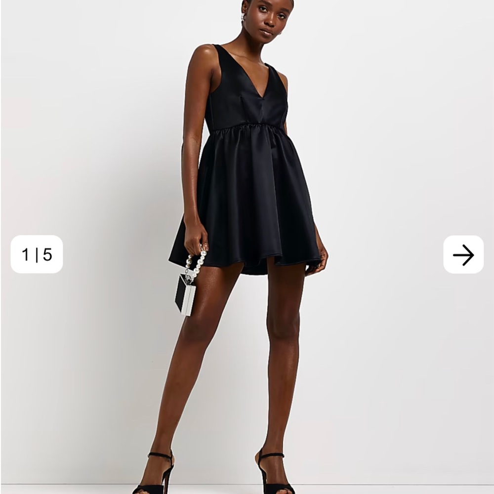 Black satin plunge prom midi dress